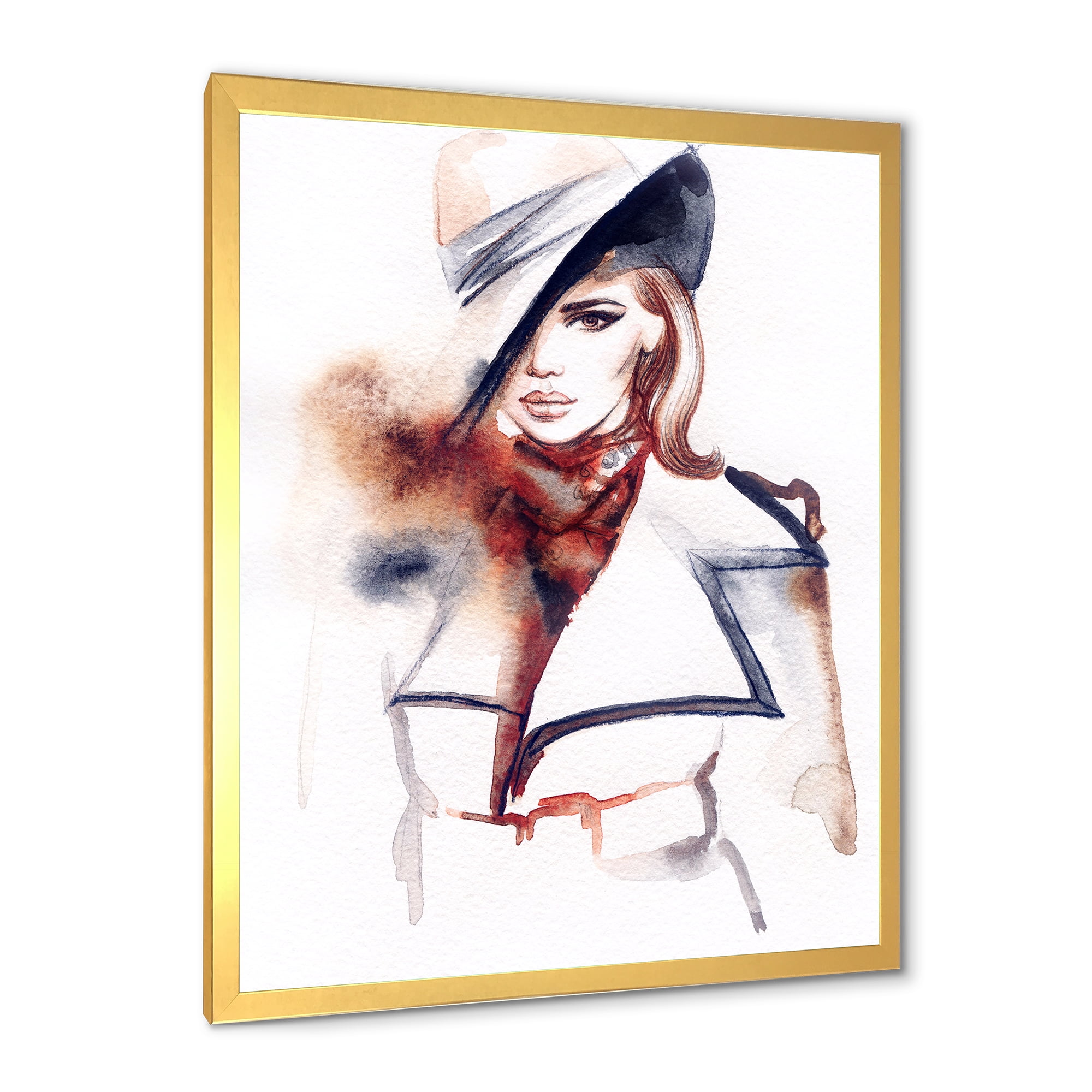 Fashion Portrait of Woman Wearing Hat 20 in x 20 in Framed Painting Canvas Art Print, by Designart