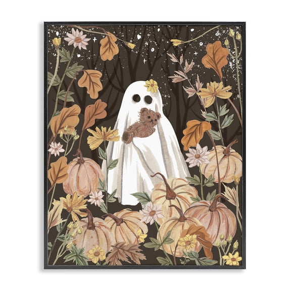 Stupell Industries Pumpkins & Ghost with Teddy Bear Holiday Painting Black Framed Art Print Wall Art, 11 x 14