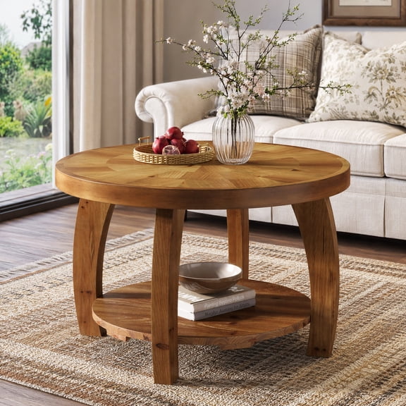 Fnova 31.5" Round Coffee Table, 2-Tier Solid Wood Center Table with Storage for Living Room, Easy Assembly, Brown