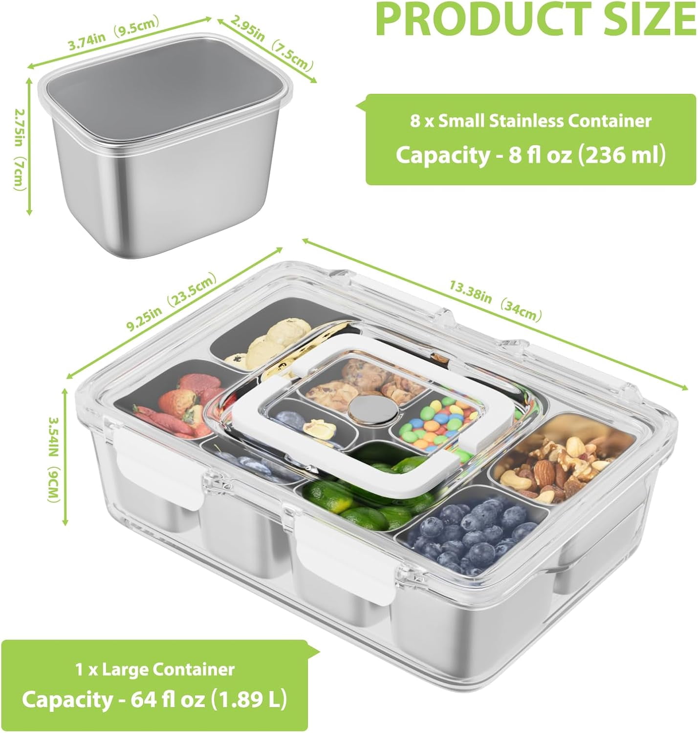 Snackle Box Container 2Pcs, Cuopluber Stainless Steel Divided Serving Tray with Lid and Handle, 8 Compartment Portable Snack Platters, Clear Storage Organizer for Fruit Candy Nuts Veggie