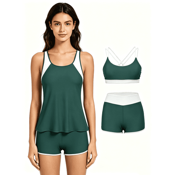 Busydd 3 Piece Swimsuits for Women Beach Fashion Colorblock Bathing Suits Round Neck Tanks Bras and Shorts Swim Suit S