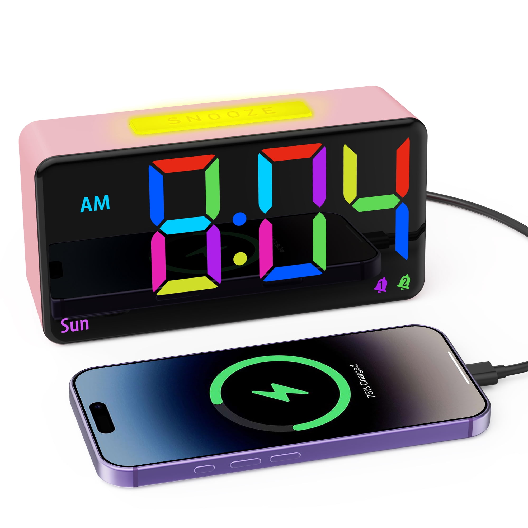 LED Digital Alarm Clock, with 7-color RGB night light, a snooze function, single-color and dynamic multi-color display, and adjustable brightness levels. It's suitable for families, bedrooms, childre