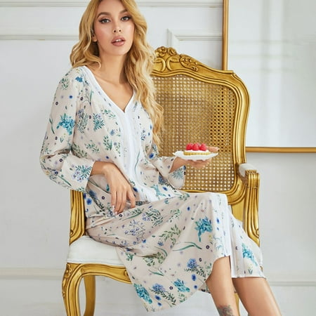 

[BRAND]HOT SALE!Long Nightdress Fashion Stitching Breathable Soft Women s Nightdress Ultra Thin Nightgown Long Sleeve Pajamas Printed Pajamas