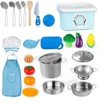 Play Kitchen Accessories, Wooden Play Food, Cooking Set with Stainless Steel Cookware Pots and Pans Utensils, Apron, Chef Hat, ​Cutting Food Kitchen Playset for Girls and Boys