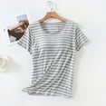 thumbnail image 3 of Ohufall Women's Modal Pj T-shirts with Built in Bra Fashion Stripe Printed Short Sleeve Round Neck Pajama Tops Summer Loose Comfy Home Sleepwear Tees for Women, 3 of 3