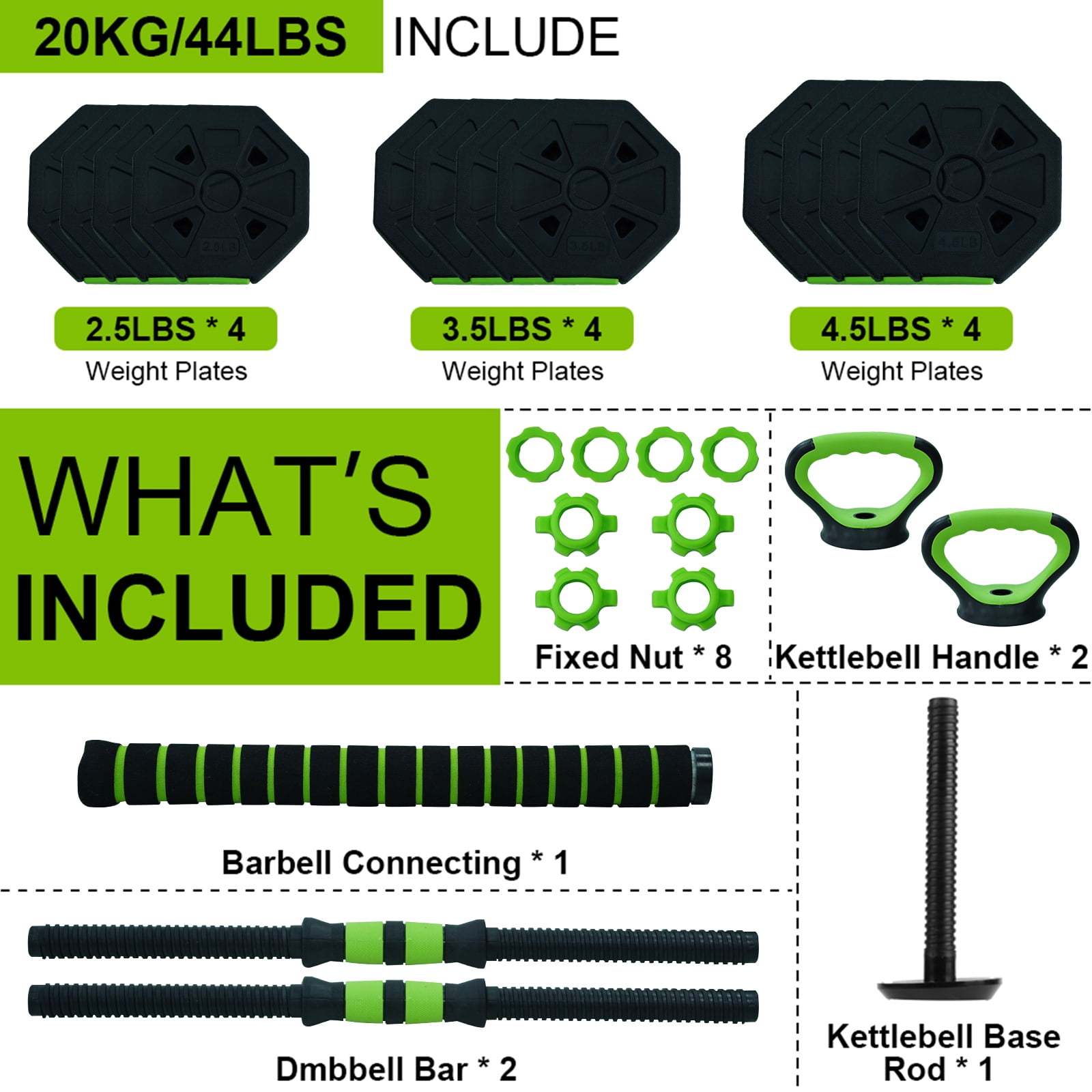 4-in-1 Adjustable Dumbbell Set – Free Weights for Home Gym, Converts to Barbell, Kettlebell, Push-Up Stand – Multifunctional Strength Training Equipment for Men & Women – 44 lbs, Green