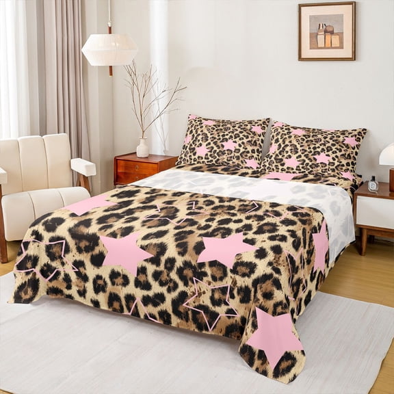 Feelyou Retro Cheetah Print Twin Sheet Sets, Cartoon Western Stars Bedding, 3-Piece