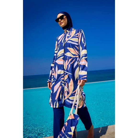 Navy Blue Full Coverage Modest Swimwear Set For Women R2508