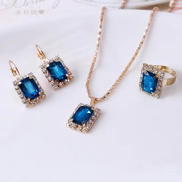 Nvzi Conjunto de joyas de diamantes de imitación con forma de gota de agua a la moda, collar con colgante de gota de agua retro,conjunto de joyas para madre, novia, boda, azul lago A