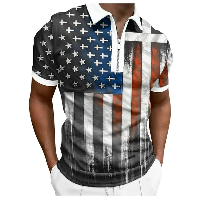 YDLCAFD Male Summer Independence Day Zipper Tops Holiday Celebration Full Print Short Sleeve Blouse