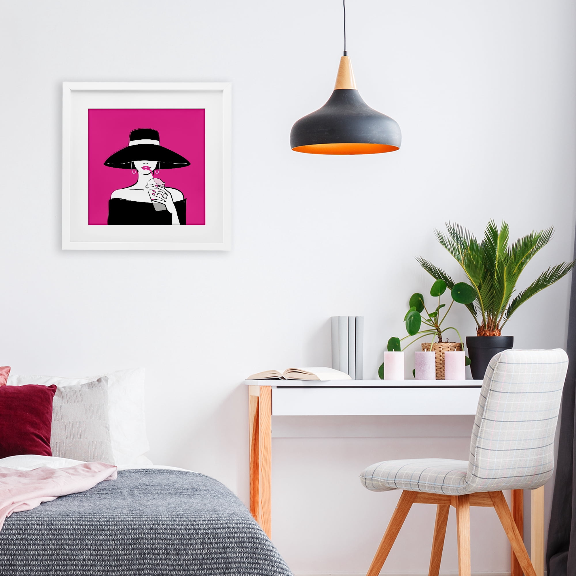 Stupell Industries Black Hat Glamourous Woman White Framed Print Under Glass, design by Martina Pavlova