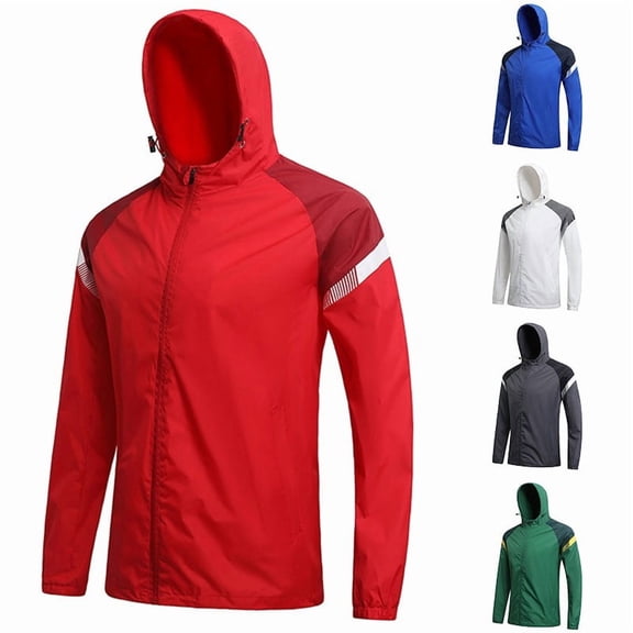 Mens Color Block Hooded Jacket Windbreaker, Lightweight Windproof Water Resistant Jacket Full Zip Long Sleeve Soccer Training Outdoor Sports Coat Size 3XL Red