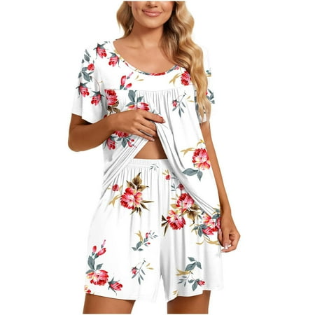 

Dyegold Women 2 Piece Outfits Summer Short Sleeve Tops and Shorts Matching Pajamas Sets Two Piece Lounge Sweatsuits Loungewear