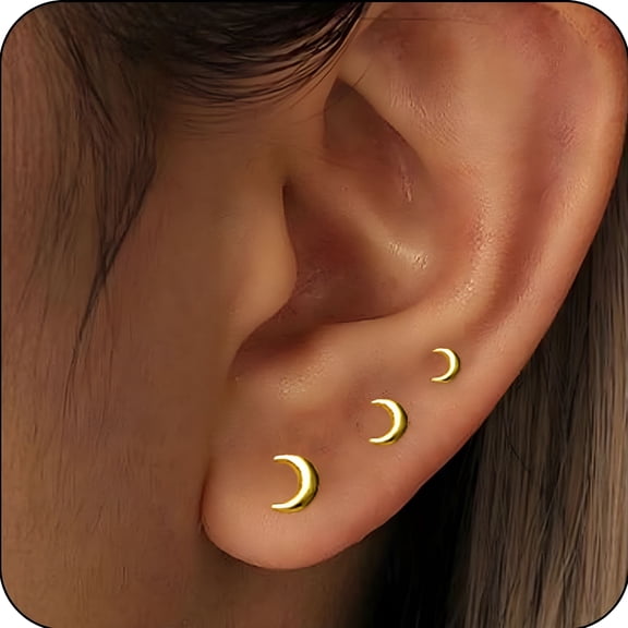 DESIGNICE Lunvky 3 Pairs 18K Gold Plated Moon Stud Earrings for Women Hypoallergenic Post Earring Sets Birthday Valentines Day Jewelry Gifts Teen Girlfriend Wife Her Female Tween Adults Age Ideas