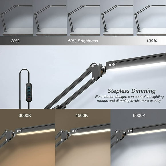 Swing Arm Lamp, LED Desk Lamp with Clamp, 9W Eye-Care Dimmable Light, Timer, Memory, Modern Architect Table Lamp for Task Study Reading Working Home Dorm Office