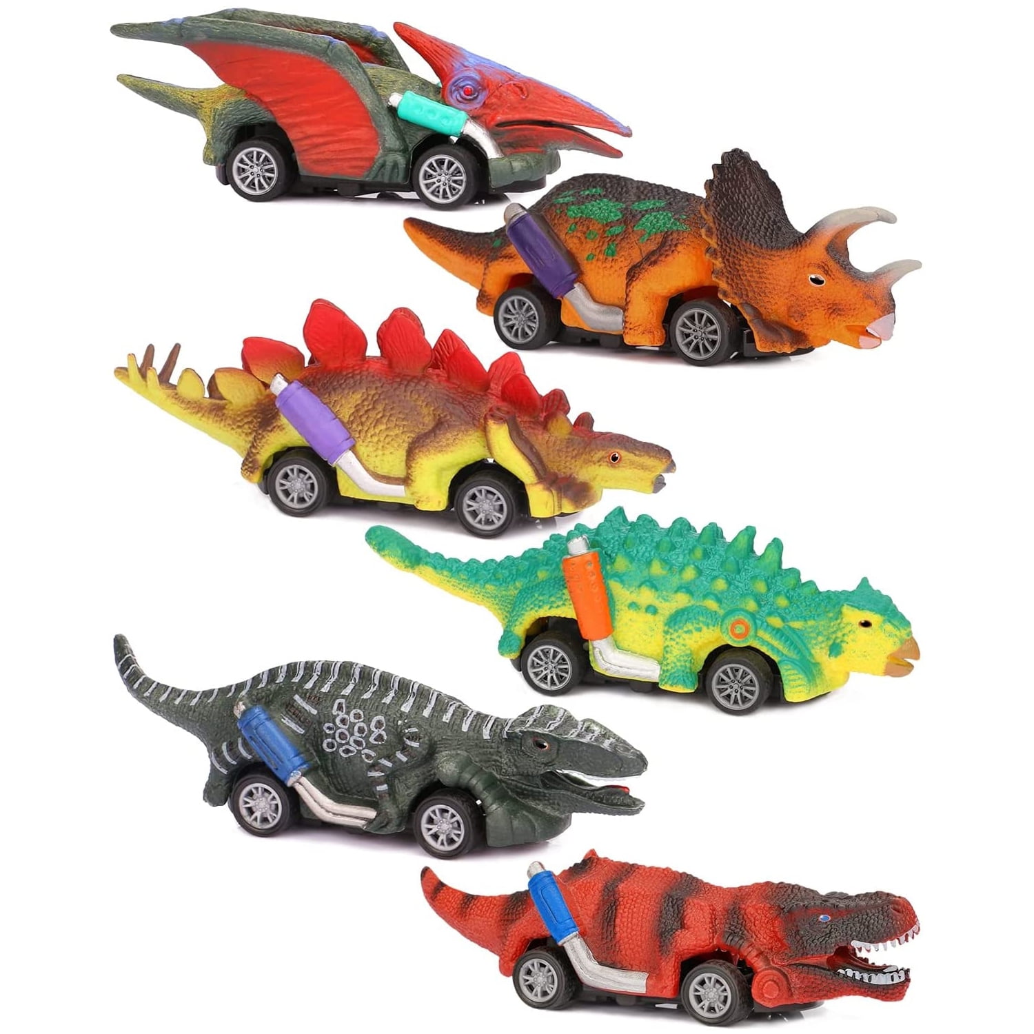 SUORFOXS  6 Pack Dinosaur Pull Back Car Toys for Kids, Boys and Toddlers Gifts, Ages 2 3 4 & up