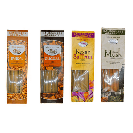 Siddhi 6” Bamboo-Less Incense Sticks – Wood-Based, Non-Charcoal, Long-Lasting Natural Fragrance (Musk | Guggal | Sandal | Kesar) – 4 Packs of 90g Each | 200 Sticks