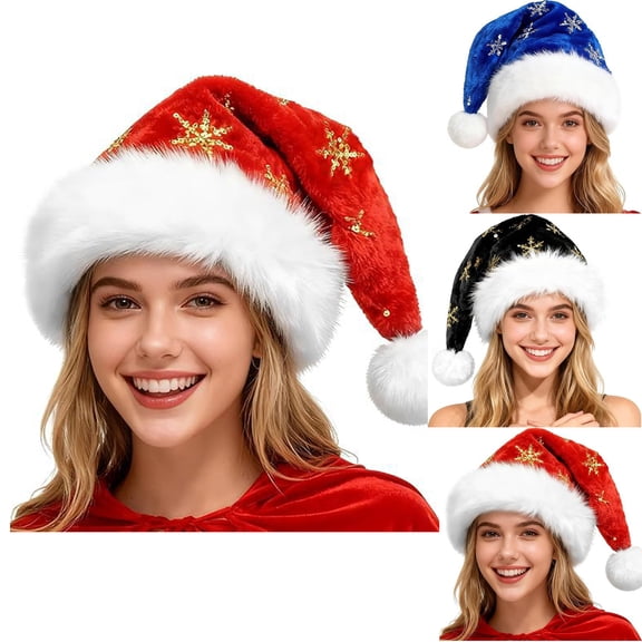 Fabrcox Unisex Santa Hat for Adults, Plush Velvet Christmas Hat with Sequin Snowflake, Fluffy White Brim & Pom Pom, Thick Xmas Hat for Holiday Party, New Year Festive Decor Blue