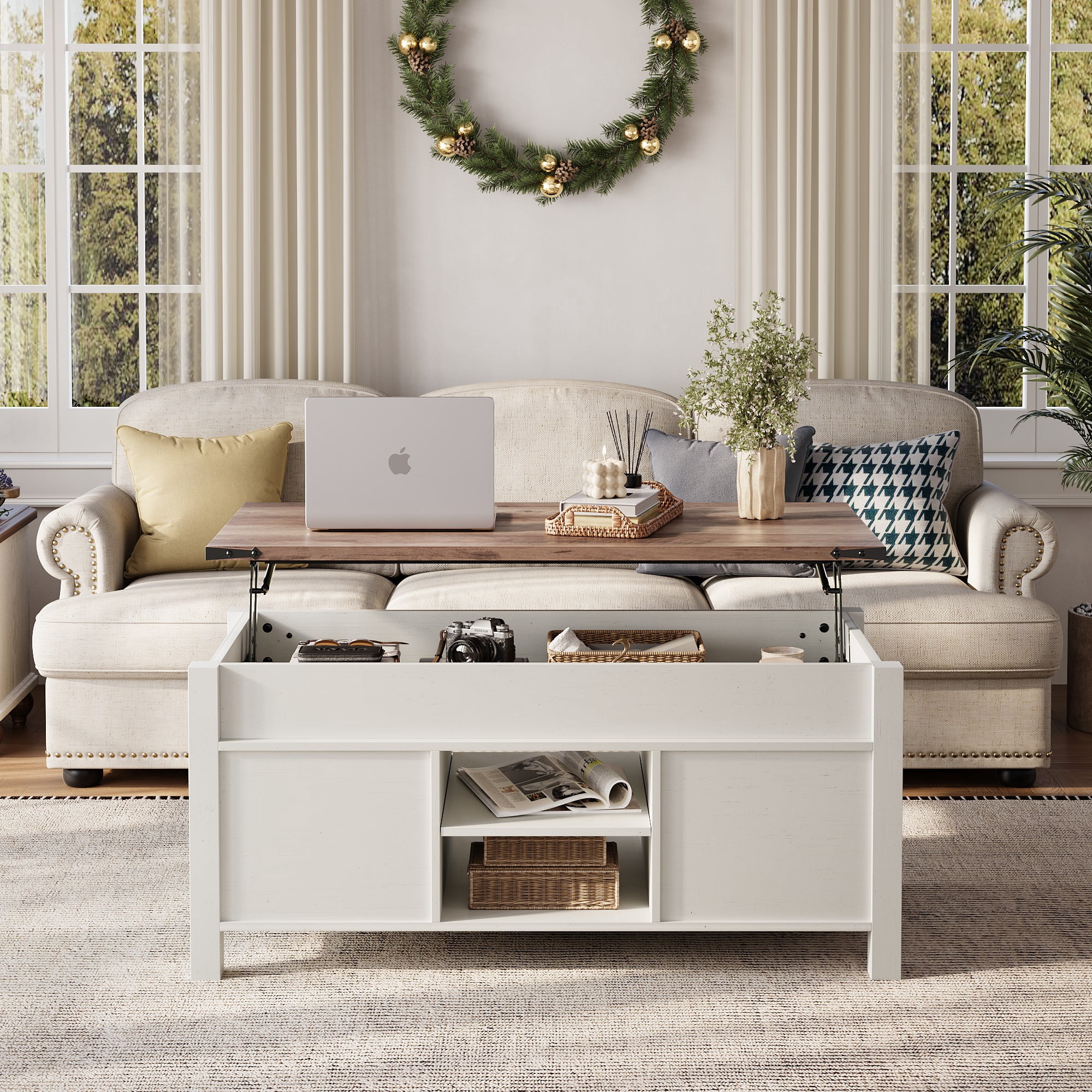 Keywhat 48" Farmhouse Lift Top Coffee Table with Sliding Barn Door and Hidden Storage Compartment for Living Room, Office, Antique White