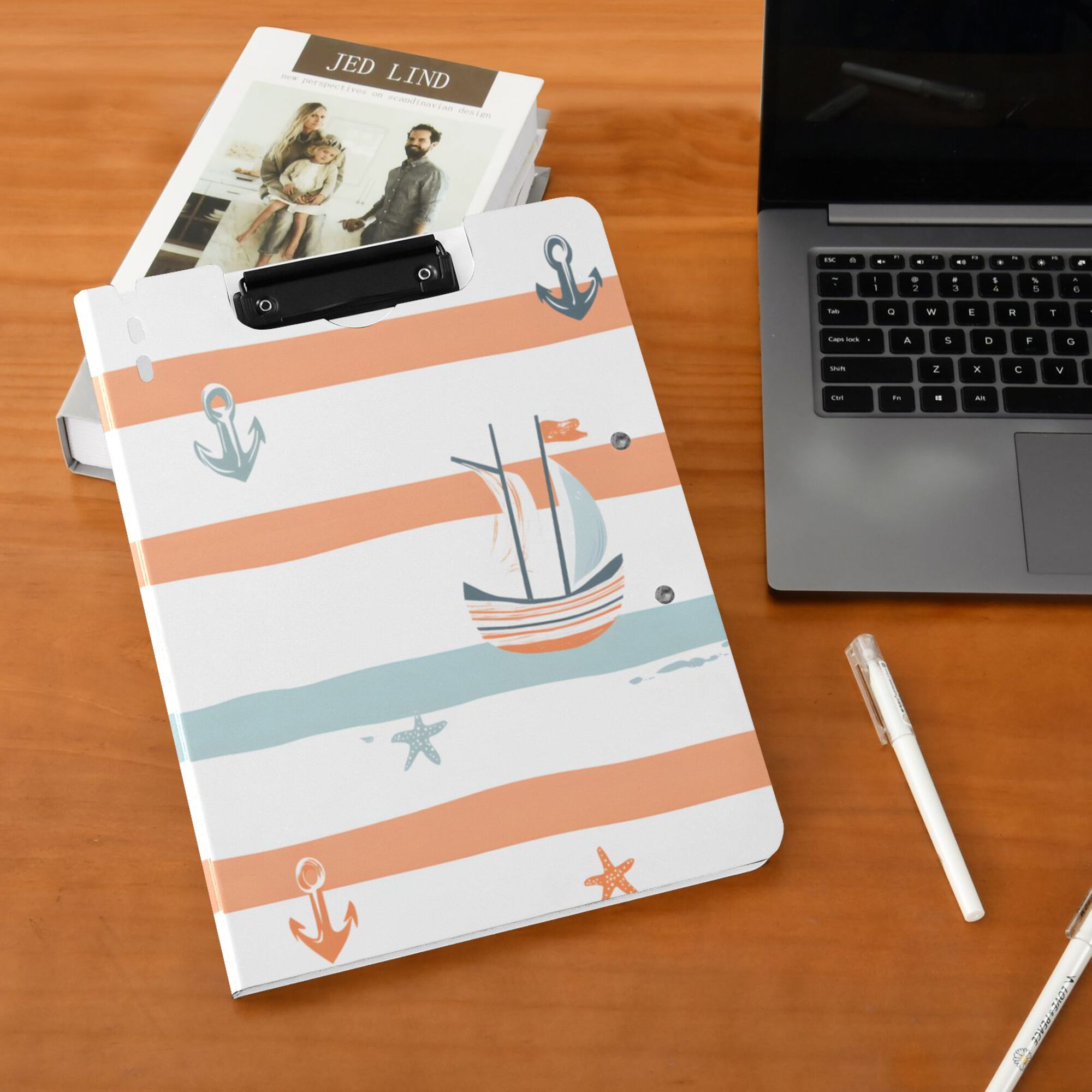 FORMRS A4 Clipboard Folder with Pen Holder Horizontal Foldable School Office Binder, Orange Nautical Pattern