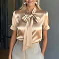 thumbnail image 4 of WHEANG Women's Solid Satin Collared Blouse, Loose Fit Roll Cuff Short Sleeve Casual Dressy Tops, Elegant Work Shirts for Daily Office Summer Wear Comfort Satin Top Outfits Size M Brown, 4 of 4
