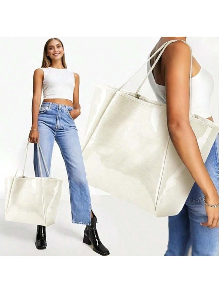 Gocvo Large PVC Tote Bags for Women, Fashion PVC Handbags Kraft Paper Handbags for Women for Beach Work College, Beige