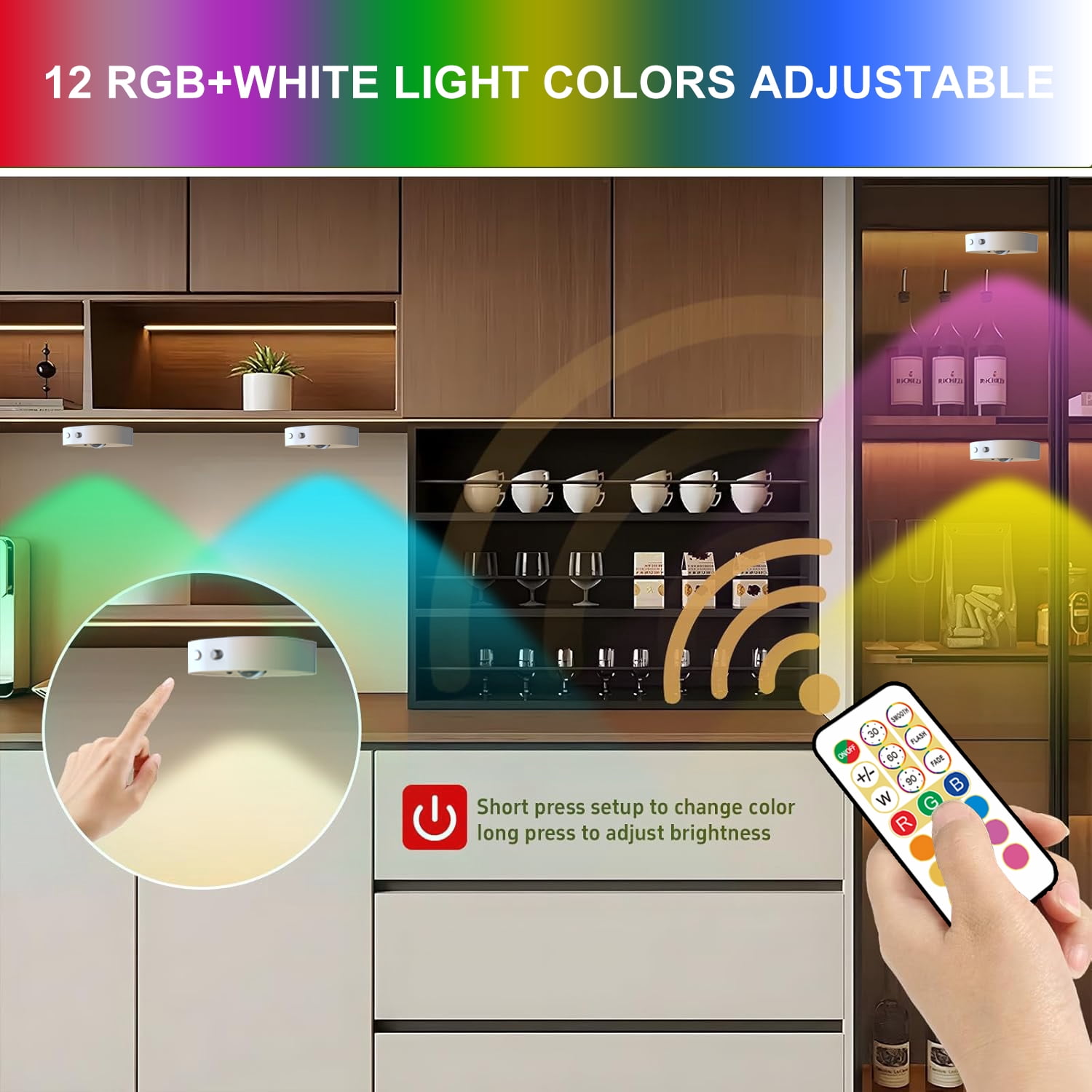4 Pcs Puck Lights with Remote, Rechargeable Touch Push Lights, 13 RGB Colors Led Under Cabinet Lighting, Stick on Closet Light for Kitchen, Pantry, Shelves (White)