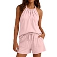 thumbnail image 6 of Women's Sleeveless Blouse And Drawstring Shorts Set With Pockets, Casual 2 Piece Outfits For Summer, Soft Polyester Blend, Matching Sets For Vacations, Lounge Or | TruBelle,Pink L, 6 of 8