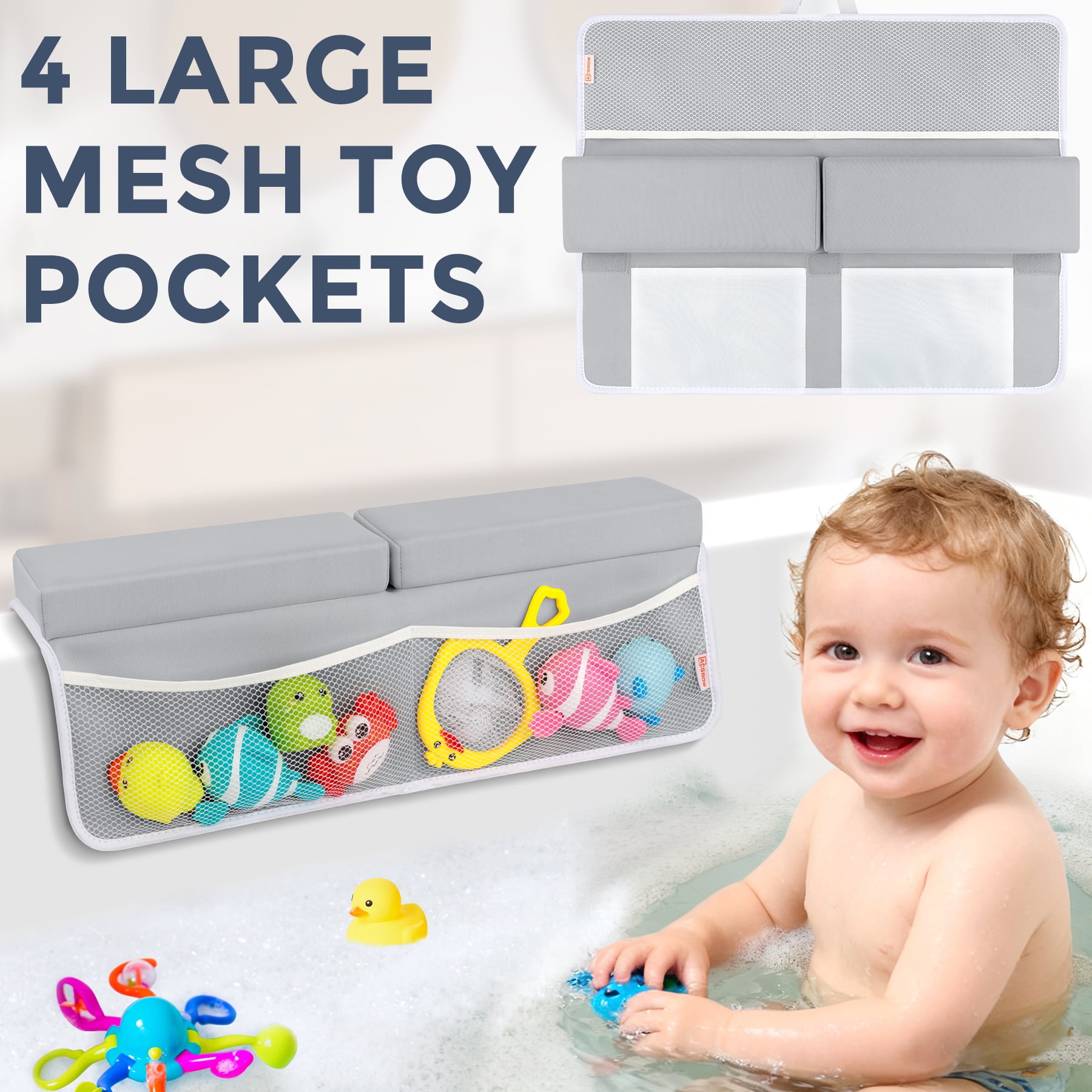 ACGROW Bath Kneeler and Elbow Rest Pad Set - 1.5" Thick Baby Bath Kneeler Pads with Toys Organizer, Anti-Slip Cozy Knee & Arm Support Bathtub Mat, Quick Dry Kneeling Pad for Baby Bath Time Gray