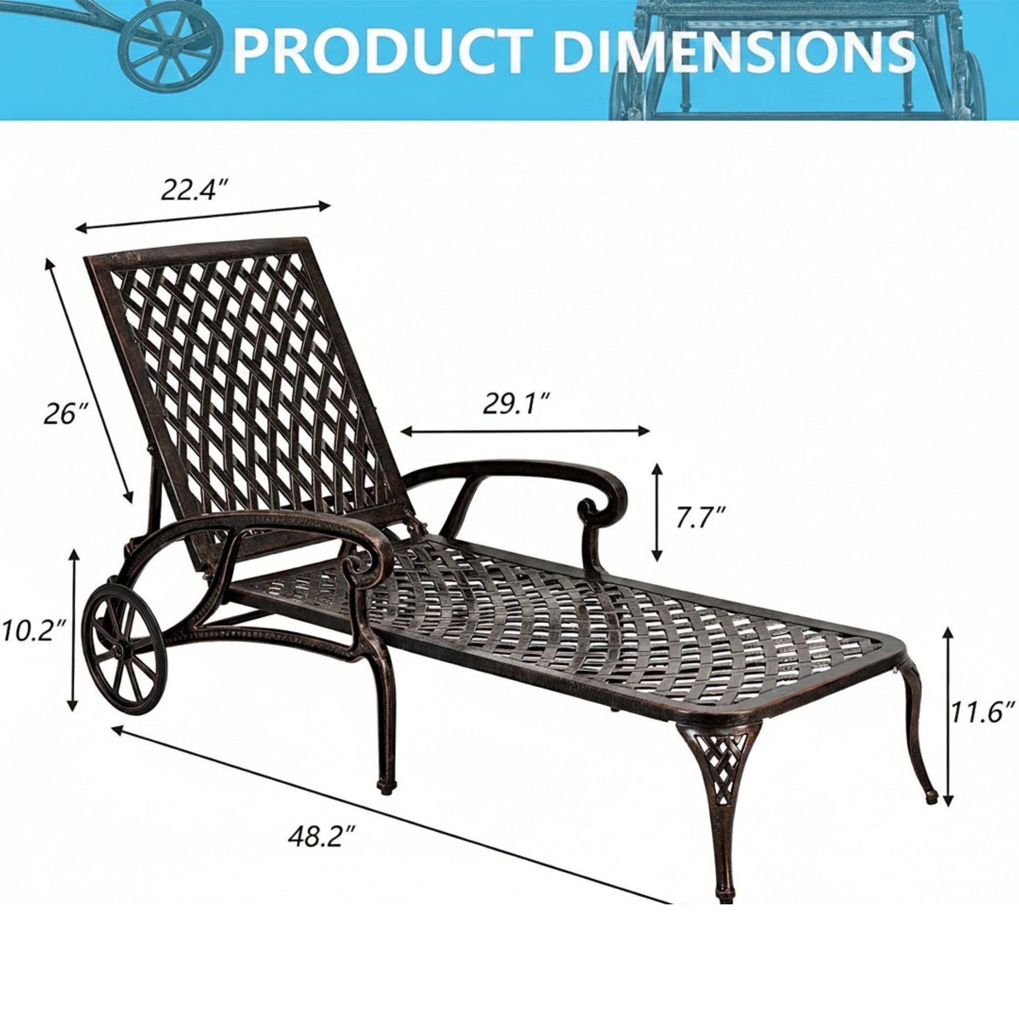 Sailvan Cast Aluminum Patio Lounge Chair,Adjustable Reclining Chaise with Wheels and Cross Weave Design Brown
