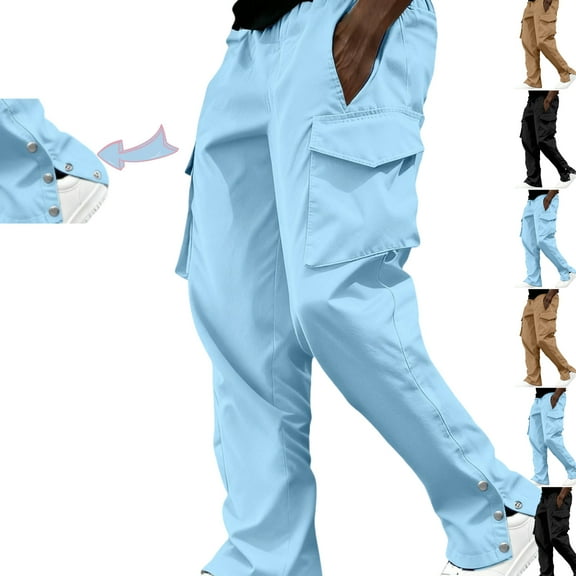 Gamivast Mens Cargo Pants Elastic Waist Lightweight Split Snap Button Sweatpants with Multiple Pockets Casual Straight Leg Drawstring Outdoor Pants Trendy Open Bottom Athletic Joggers