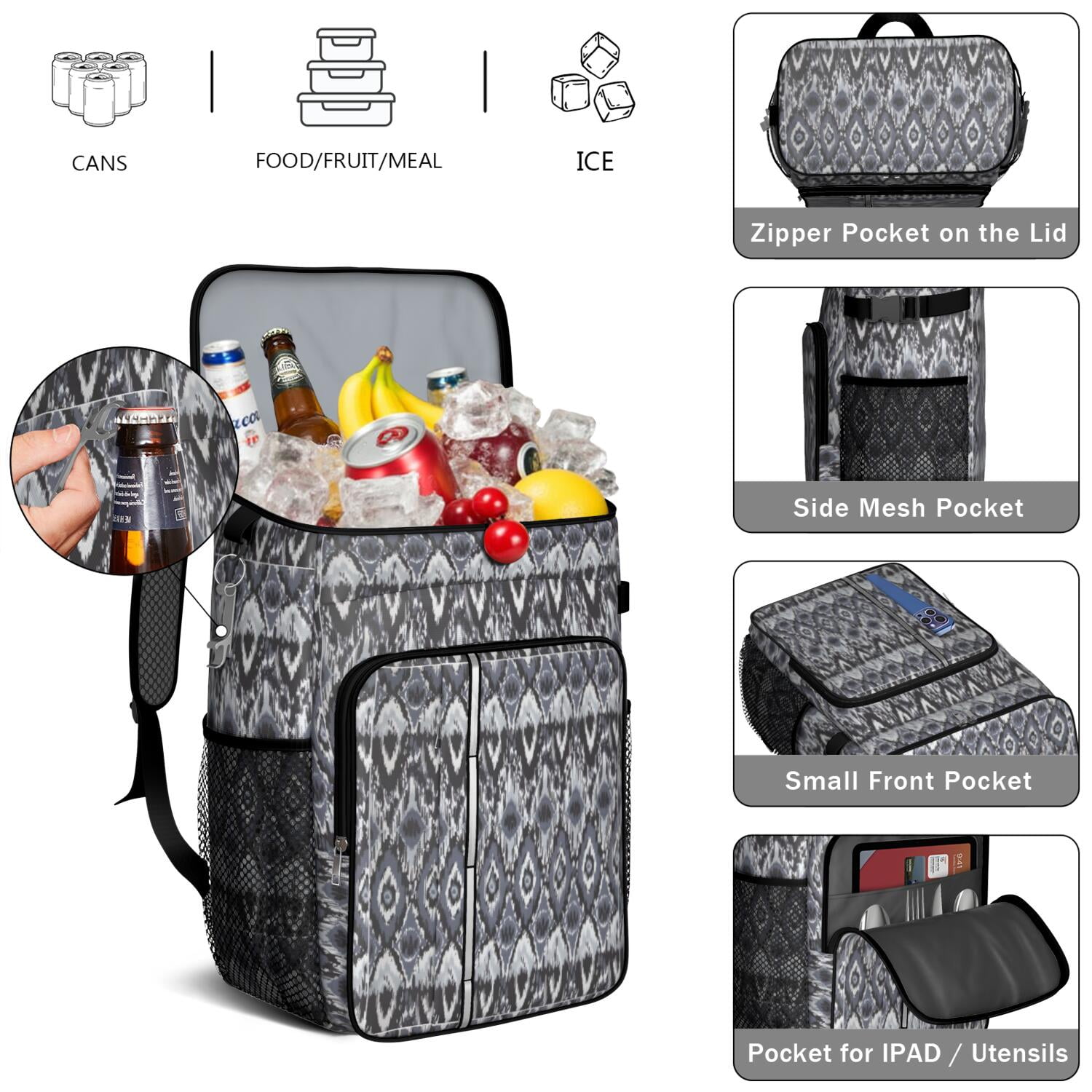 Travel Cooler Bag - Boho Bohemia Pioneer Flower Geometric Line Art Camping Beer Cooler Backpack with Bottle Opener- Waterproof Insulated Picnic Backpacks - Cooler Bag for Beach