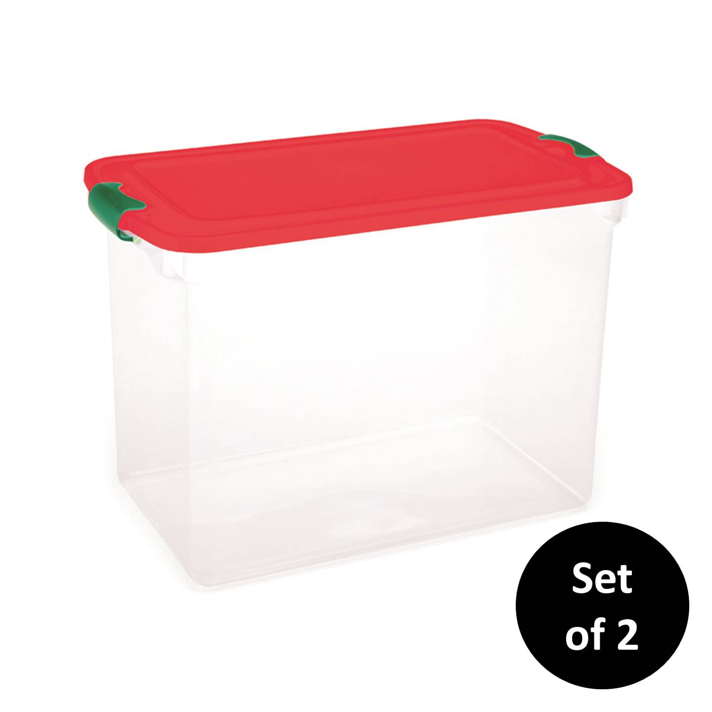 clear storage bins with red lids