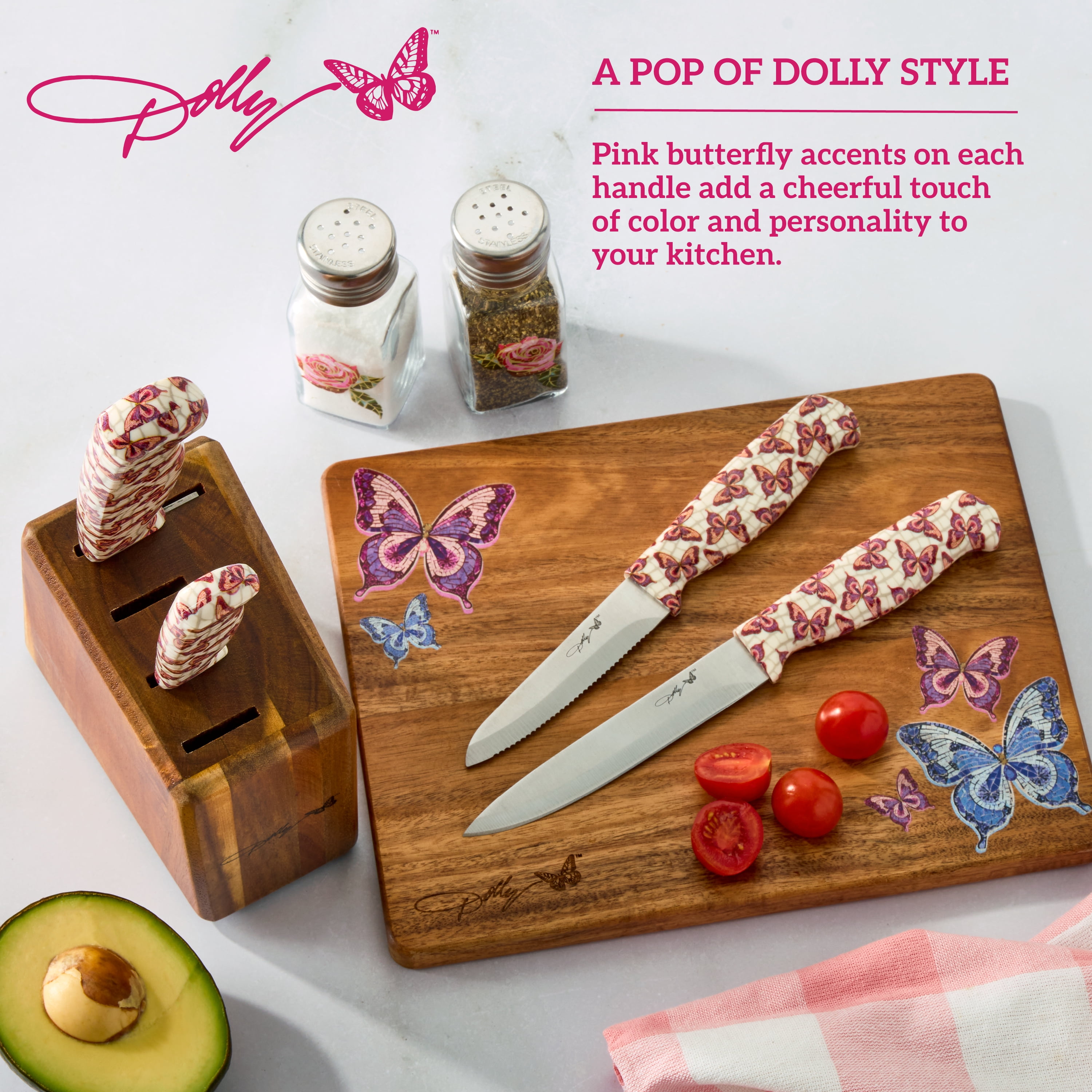 Dolly Parton 5-Piece Pink Cutlery Block Set with Essential Kitchen Knives