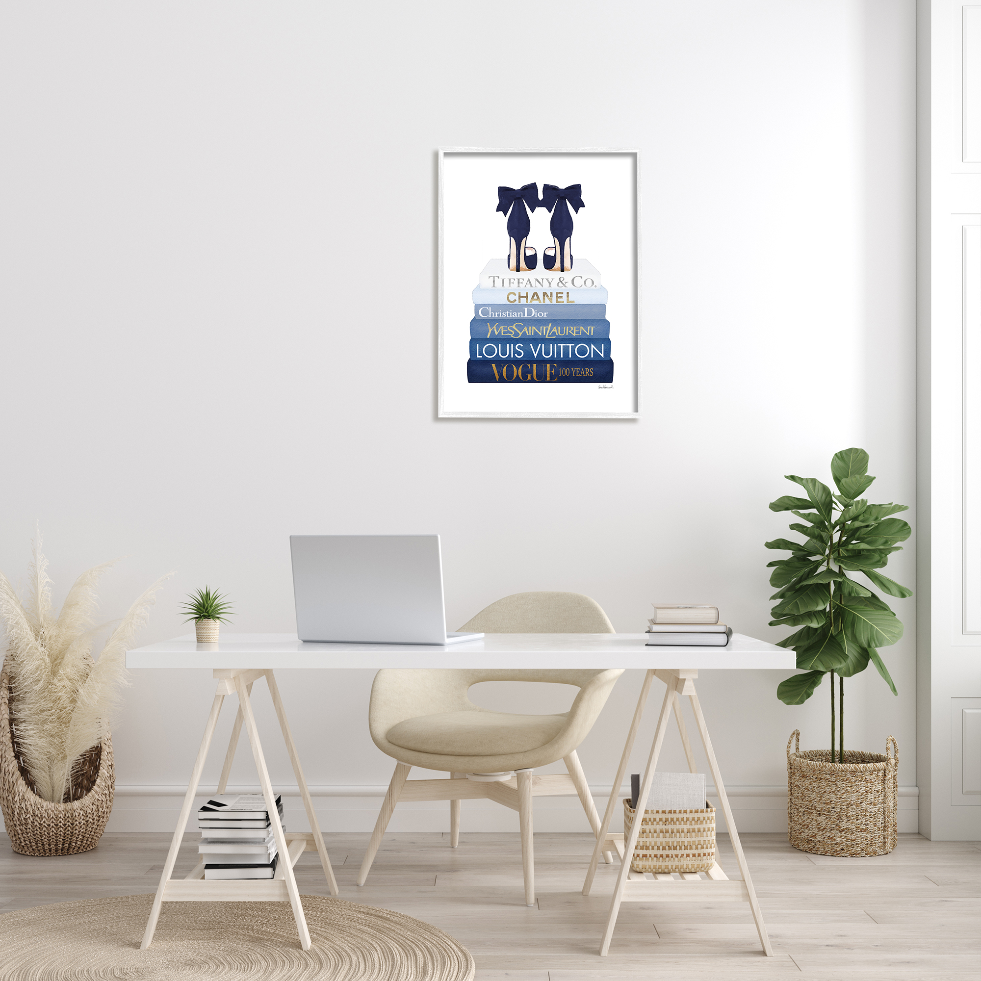 Stupell Industries Navy Blue Bow Heels Chic Glam Bookstack Glam Painting White Framed Art Print Wall Art, 24 x 30, Design by Amanda Greenwood