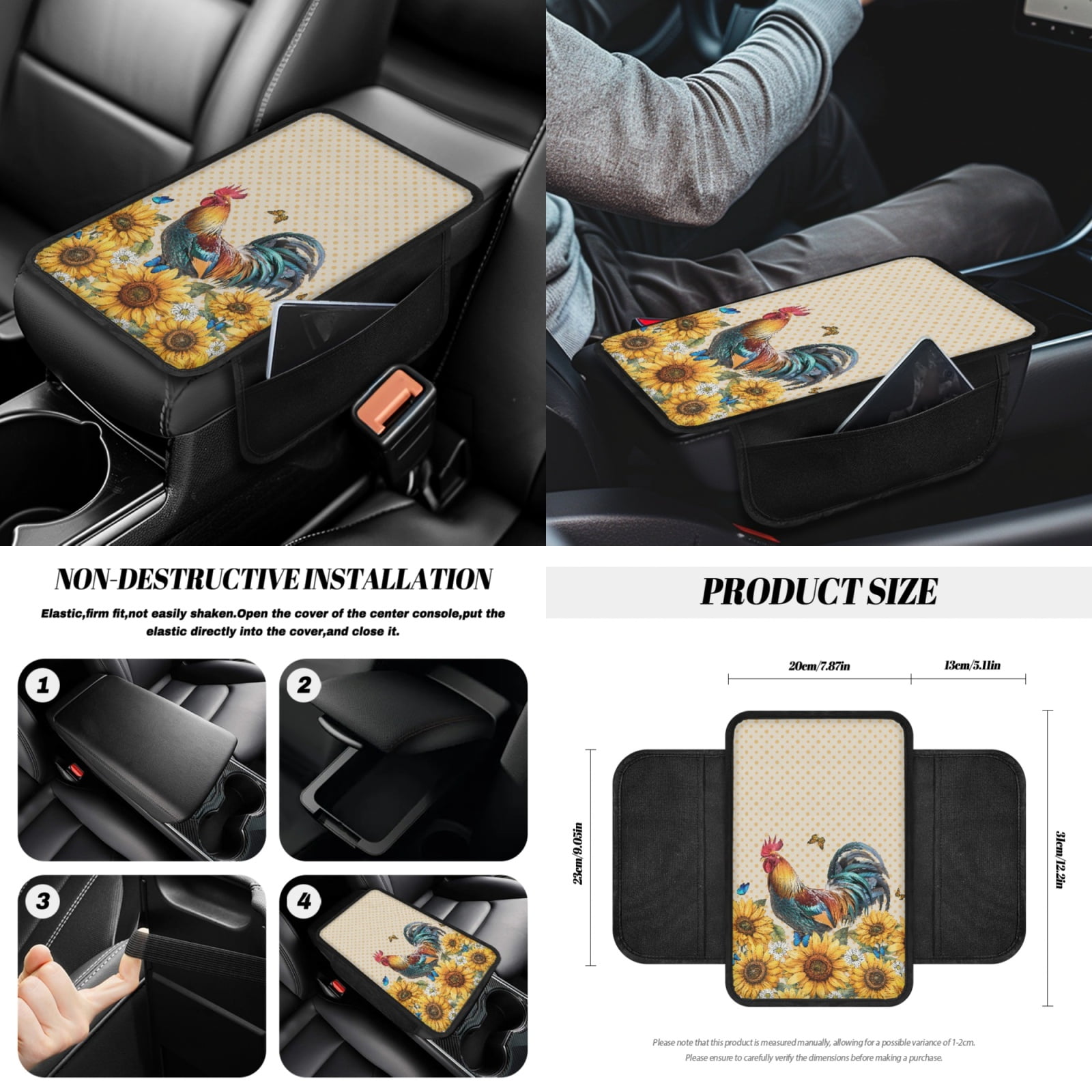 Yuyamidu 14 PCS Chicken Car Seat Cover Set Sunflower Auto Steering Wheel Cover Seat Belt Pad Cup Holder Trash Bag Gear Shift Knob Cover Set Rear View Mirror Cover Auto Armrest Cover