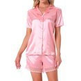 thumbnail image 1 of INSPIRAR CHIC Conjunto de Pijamas de Satén de Seda para Mujeres, Conjunto de Pijamas de Botones de 2 Piezas, Ropa de Dormir de Manga Corta con Pantalones Cortos y Encaje, M Rosa, 1 of 6