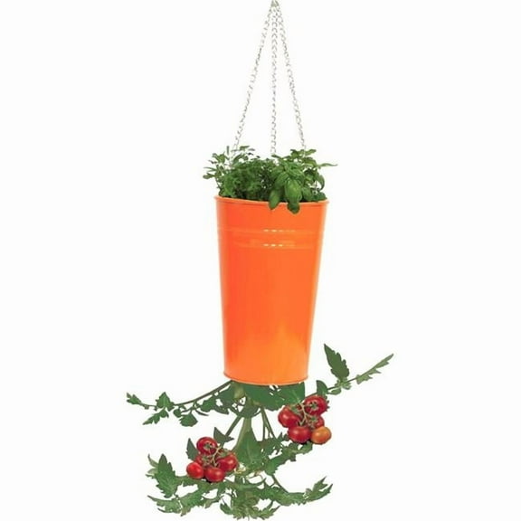 Houston International Trading 8398E TA S-2 7 x 7 x 12 in. Enameled Galvanized Steel Upside-down Hanging Planter, Tangerine - Set of 2