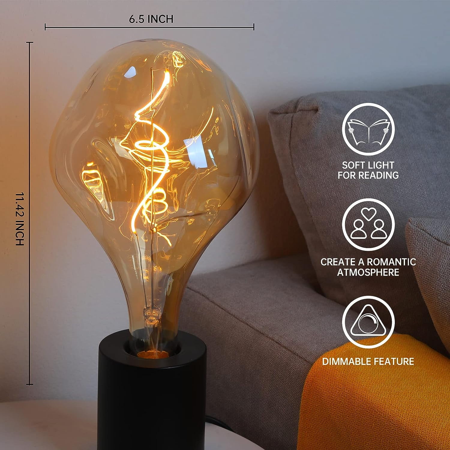 OMED LED Large Edison Bulb Oversized 2 Pack, E26 2200K Warm White Dimmable Vintage Giant Light Bulb, 5 Watt 400LM Extra Big Amber Glass Decorative Bulb for Bedroom, Living Room, Bar, Cafe