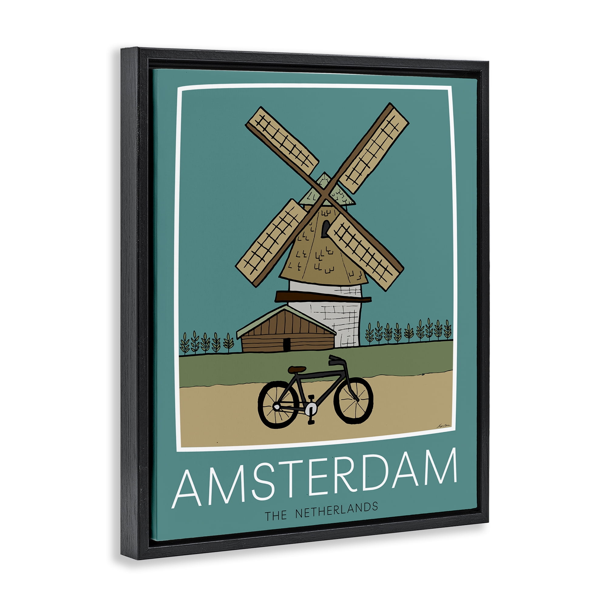 Stupell Industries Amsterdam Windmill Poster Black Framed Floater Canvas Wall Art, design by Hugo Edwins