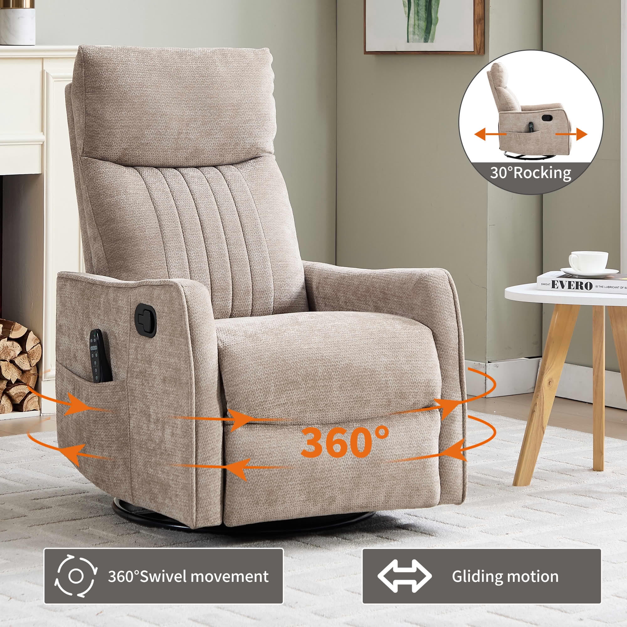 MAYEERTY Faux Leather Heat Massage Recliner Chair, 360° Swivel Rocker 26"x35"x39" for Living Room, Dark Brown