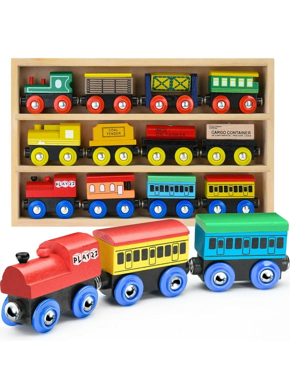 Wooden Train Set 12 PCS - Train Toys Magnetic Set Includes 3 Engines - Toy Train Sets For Kids Toddler Boys And Girls - Compatible With Thomas Train Set Tracks And Major Brands - Play22USA