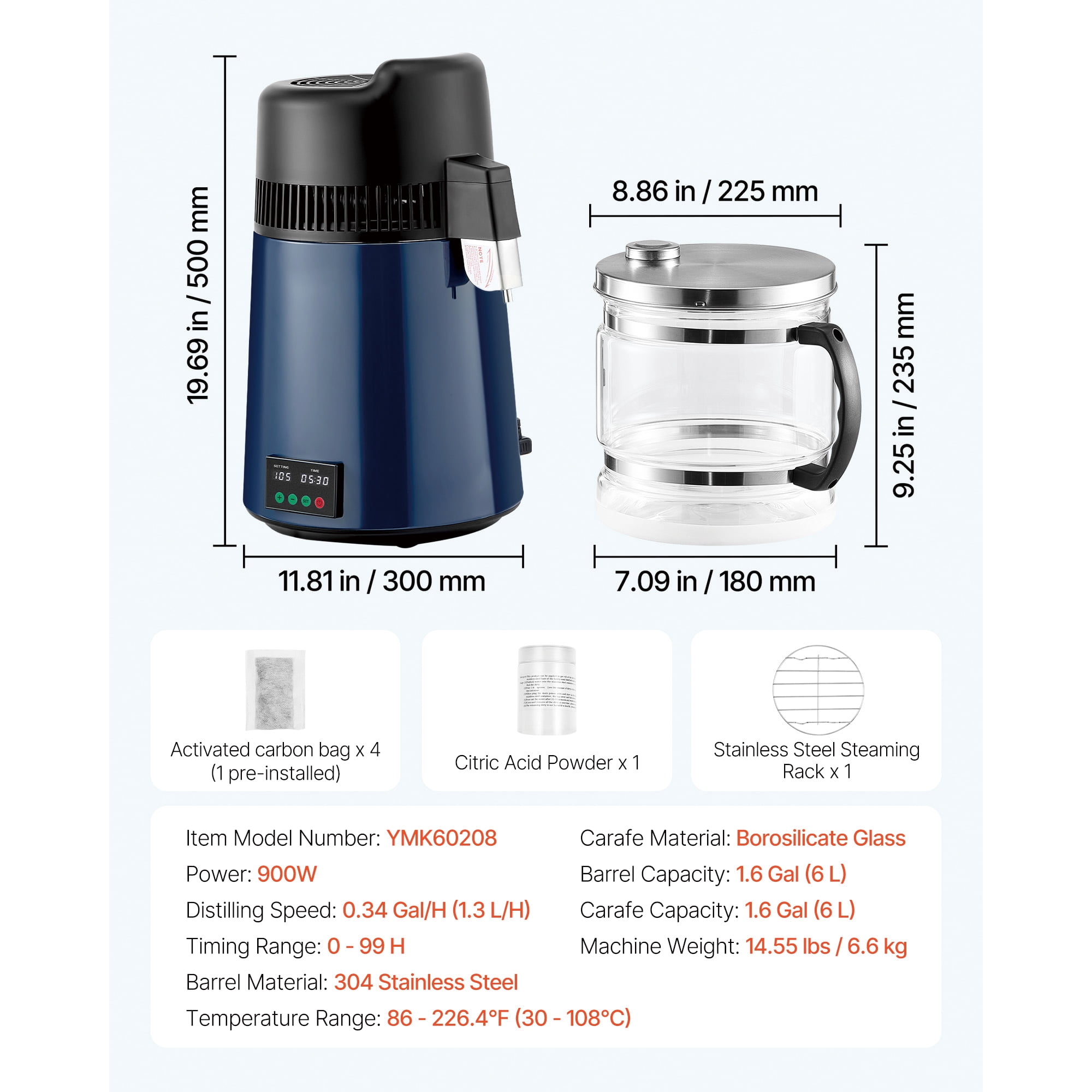 KFFKFF 6L 1.6 Gallon Water Distiller, Countertop Pure Water Purifier with 900W Power, Glass Container, Stainless Steel Design for Home Use, Blue-Black