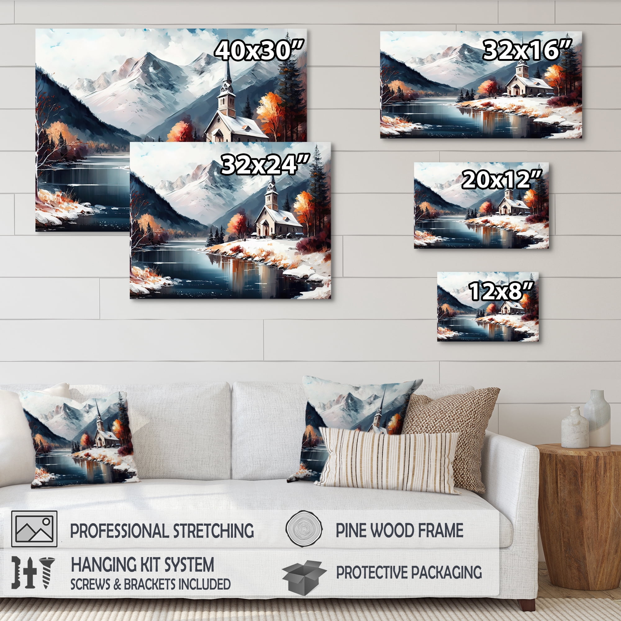 Designart Church On A Lake In Winter I Canvas Wall Art