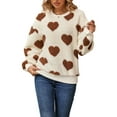 thumbnail image 2 of Women'S Plush Heart Print Loose Long Sleeve Round Neck Pullover Sweatshirt Fall Winter Outfits Khaki Love S, 2 of 10