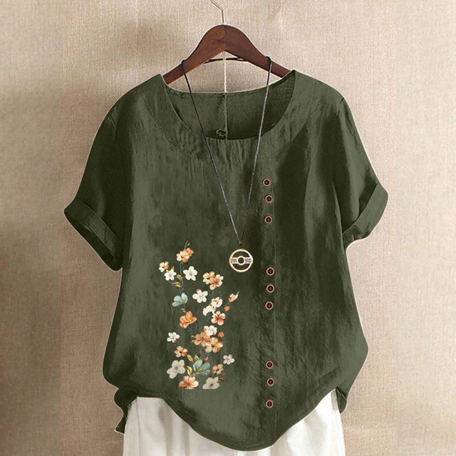 WaiiMak Femmes Imprimé Tops Lin Lâches Tops pour Femmes Été Col Rond Manches Courtes Coton Mélangé Blouse