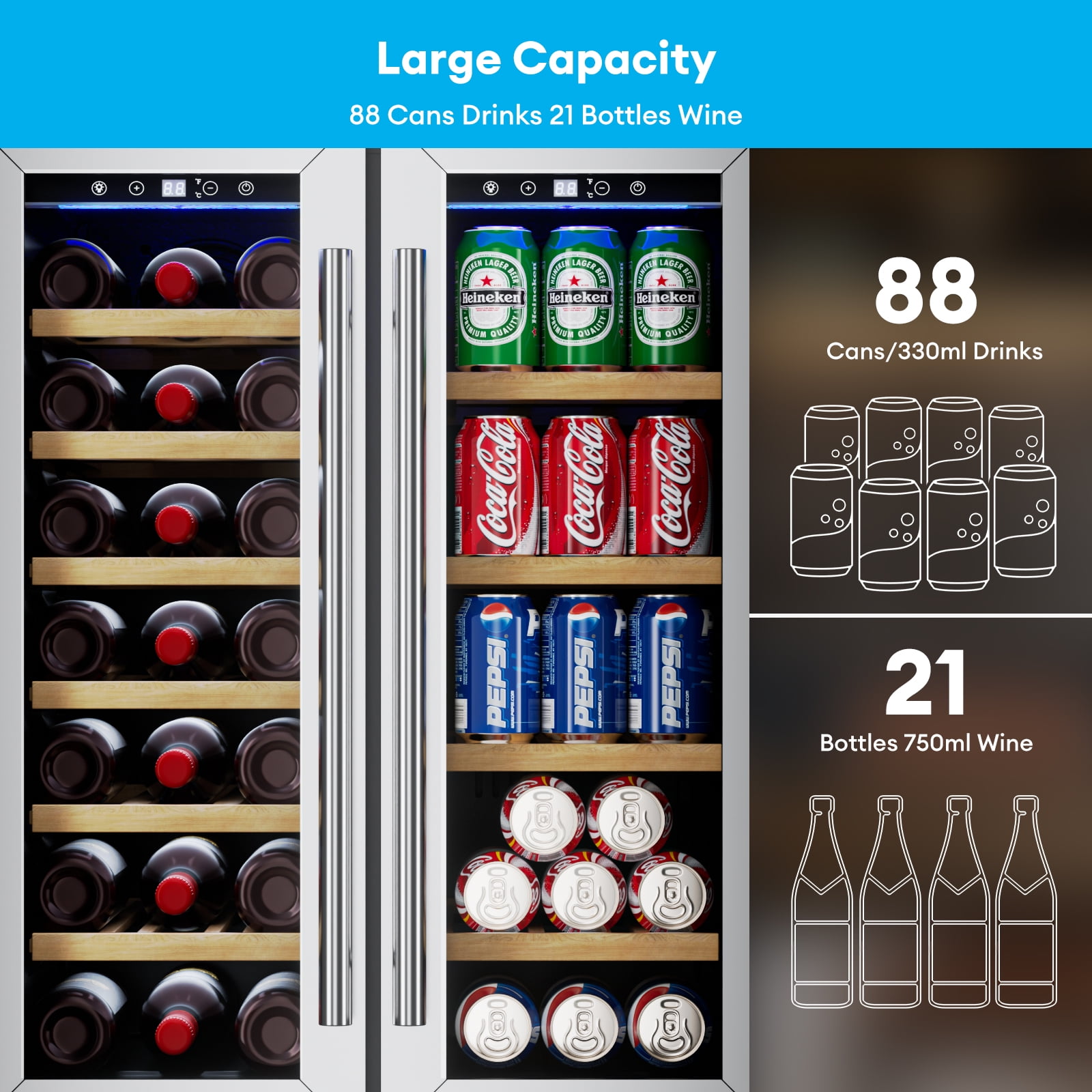 TABU 24 inch  Dual Zone Wine and Beverage Refrigerator,21 Bottles and 88 Cans,Built-in/Freestanding Wine Fridge for Home/Bar/Office,Digital Touch Control