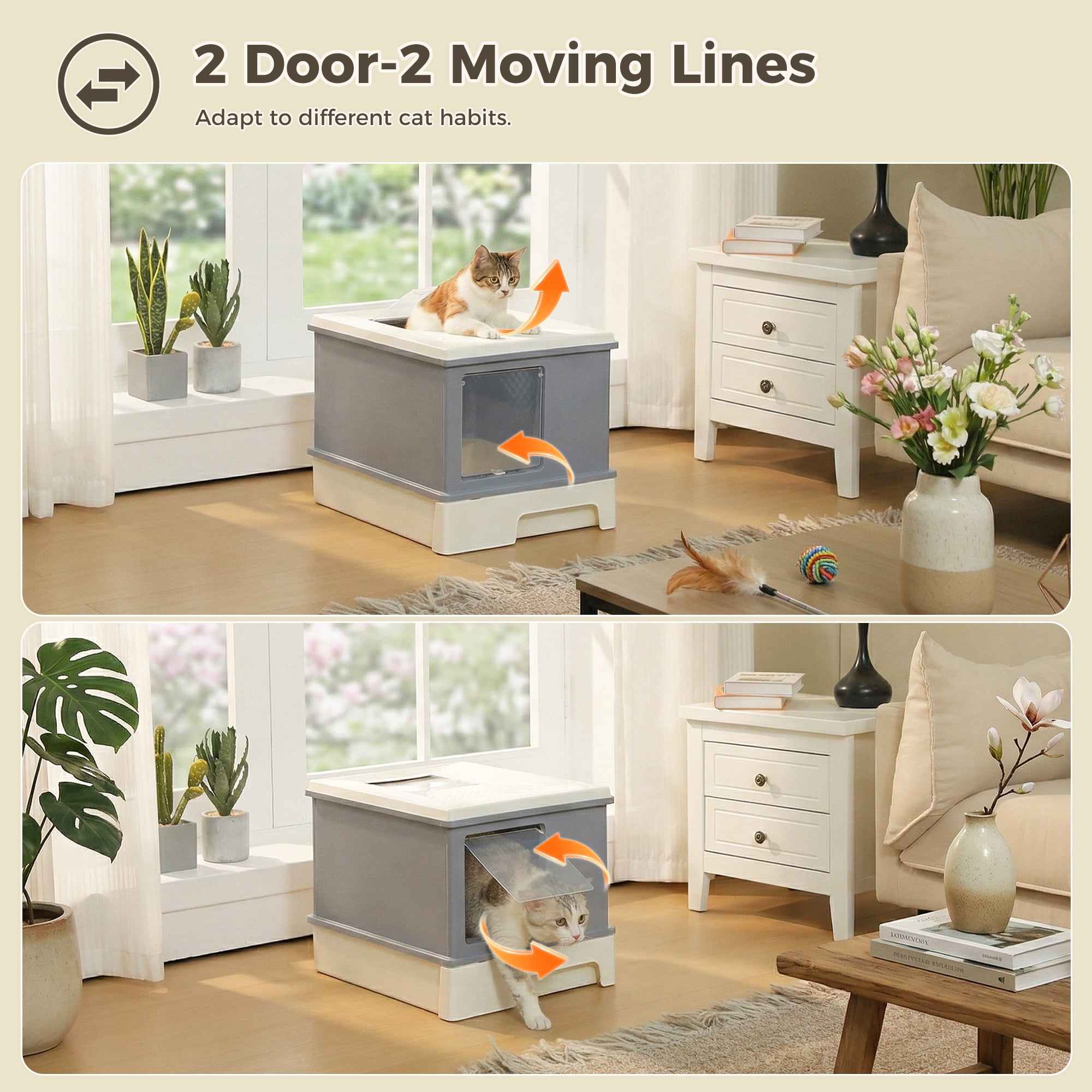 Pawzroad Large Cat Litter Box with Lid, Double-Layer Leak-Proof Litter Box with Cover, Enclosed & Odor Control, Gray