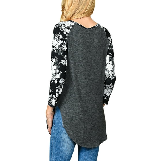 Long Sleeve Asymmetric Hem Flower Print T Shirt Long Sleeve Asymmetric Hem Flower Print T Shirt