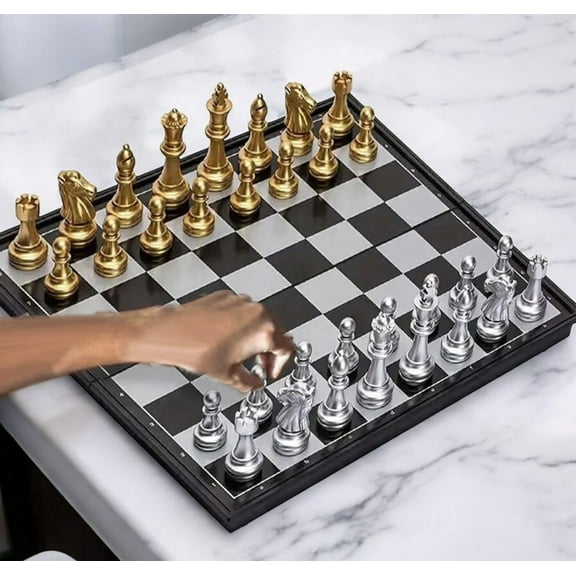 Magnetic Travel Chess Set Portable Mini Small Luxury Silver Gold -7.5 Inch